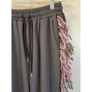 Gray Wide Leg Sweatpants with Purple Pink Fringe Boho Artsy Eclectic Size Medium